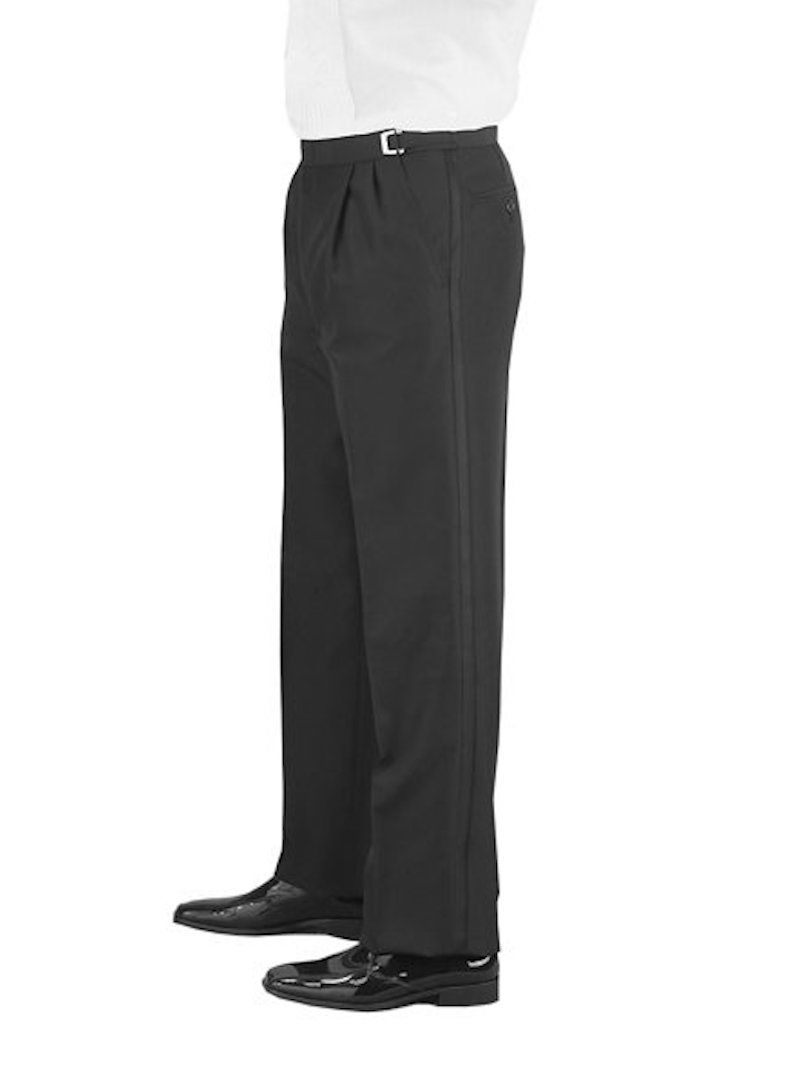 Black No Pleats Womens Tuxedo Pants with Satin Stripe Adjustable Waist 